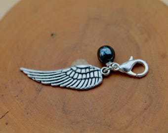 Clip charm  Angel Wing with Hematite drop detail by Twinkle Jewellery, zipper, journal, bracelet, organiser, gift for a loved one, angel
