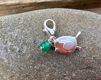 Clip on charm - Bird with Faceted Green Agate drop, planner, journal, zipper pull charm, charm bracelet charm, gift under 5, easter gift