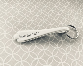 Vintage spoon handle keyring - Papa Est 2023, hand stamped, gift under 10, Fathers Day, ready to ship, unique milestone gift, loved one, eco