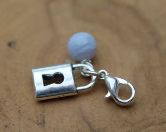 Clip on charm - Padlock with Blue Lace Agate drop detail by Twinkle Jewellery, zipper, purse, journal, planner, bracelet charm, housewarming