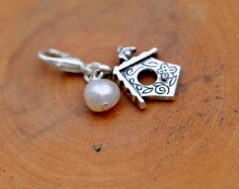 Clip on charm - Birdhouse with Cream Freshwater Pearl drop detail, journal, zipper pull charm, bracelet, organiser, pendant, new home gift
