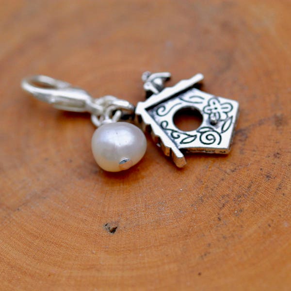 Clip on charm - Birdhouse with Cream Freshwater Pearl drop detail, journal, zipper pull charm, bracelet, organiser, pendant, new home gift