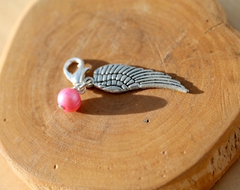 Clip on charm - Angel Wing with Candy Pink Freshwater Pearl drop detail by Twinkle Jewellery, journal, planner, zipper, purse, bracelet