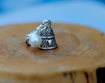 Clip on charm - Thimble with Cream Freshwater Pearl drop detail by Twinkle Jewellery, zipper, purse, journal, charm bracelet, gift for her