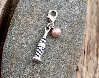 Clip on charm - Pop bottle with Peach Pearl, journal, planner, zipper pull, charm bracelet charm, gift under 5, semi-precious stone, easter