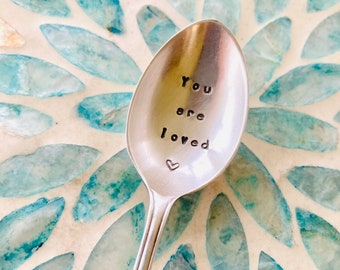 Vintage stamped spoon - You are loved, hand stamped, ready to ship, made in the Cotswolds, gift under 10, love quote gift, eco friendly gift