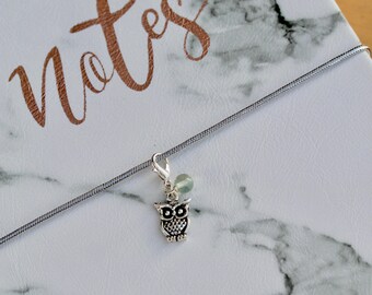 Clip on charm - Owl with Fluorite drop by Twinkle Jewellery, cake, Easter, Mothers Day, zipper charm, purse charm