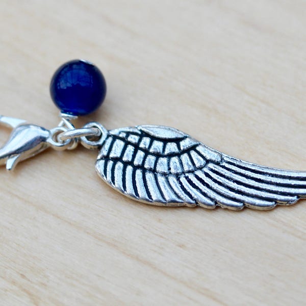 Clip on charm - Angel Wing with Royal Blue Agate drop detail by Twinkle Jewellery, zipper, bracelet, journal, planner, blue wedding gift