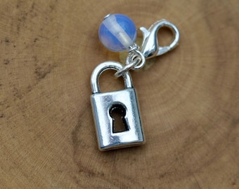 Clip on charm - Padlock and Rainbow Moonstone drop detail by Twinkle Jewellery, zipper, purse, journal, planner, new house gift, unisex gift