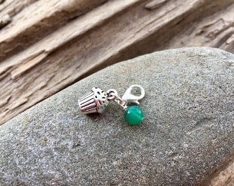 Clip on charm - Cupcake with Faceted Green Agate drop, journal, planner, charm bracelet charm, zipper pull, semi precious, gift under 5