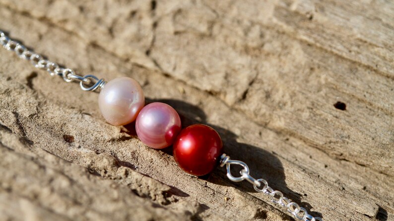 Sterling Silver bracelet with Red, Pink & Peach Freshwater Pearl, gemstone, bar, delicate, bridesmaid, Christmas, wedding, Valentines, love image 2