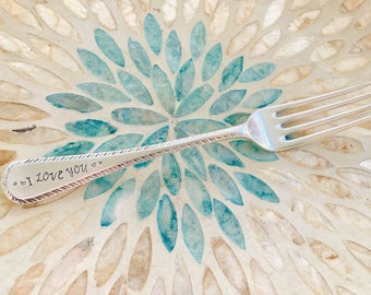 Vintage stamped fork - I LOVE YOU, hand stamped, ready to ship, eco friendly, letterbox gift, anniversary, birthday, wedding day gift