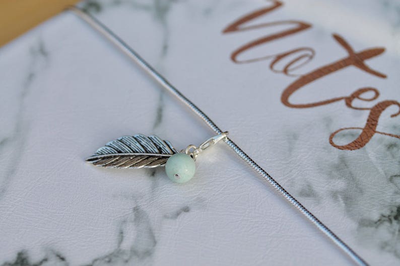 stocking filler for her zipper purse Clip on charm Curved feather with Amazonite drop detail by Twinkle Jewellery journal charm