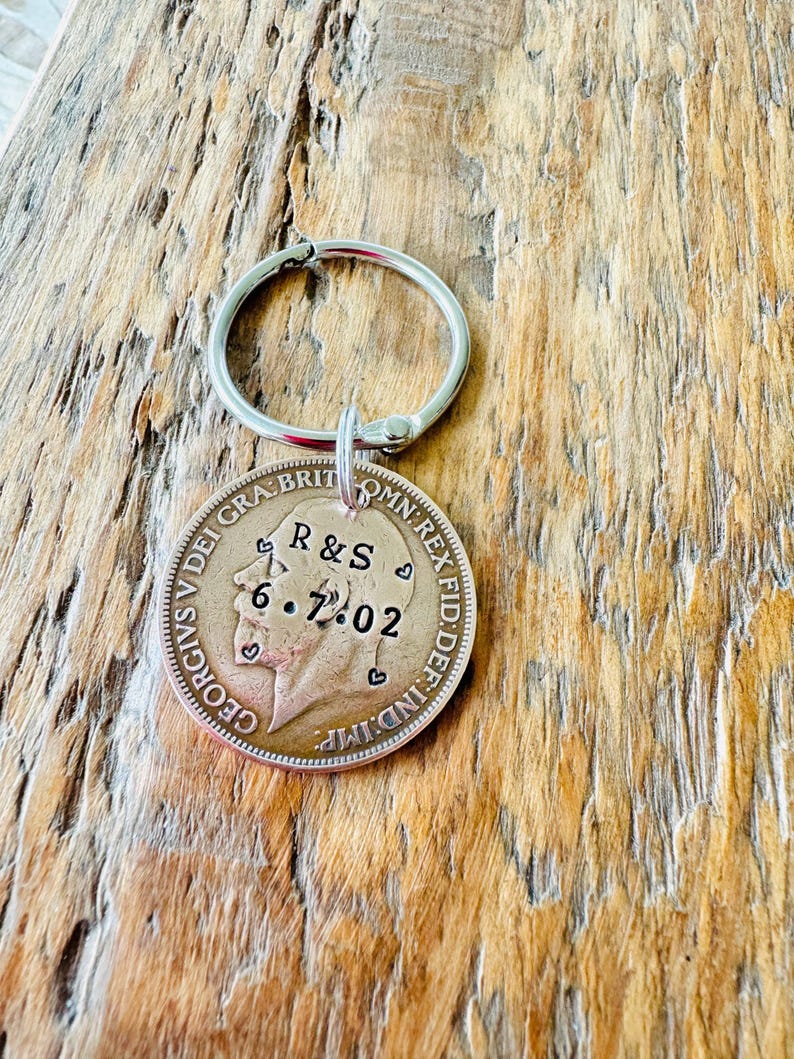 Personalized Lucky Penny Keychain: Stamped Initials, Date - UK Vintage Coin image 7