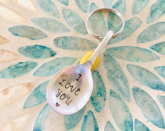 Vintage spoon keyring - I LOVE YOU, Valentines day, Anniversary, Birthday, Silver plated, letterbox gift, love quote gift, One of a kind