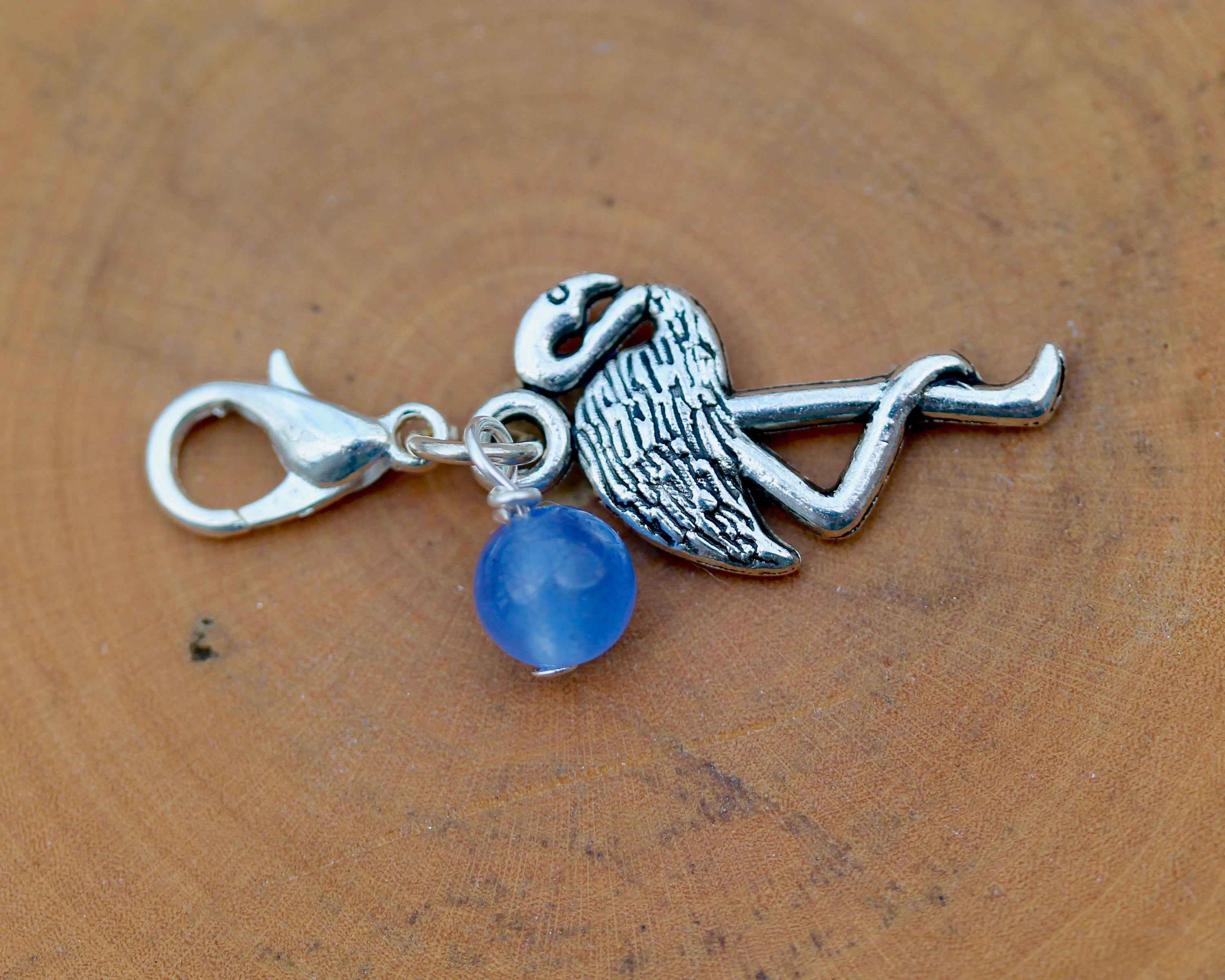 Clip on Charm - Flamingo With Faceted Blue Agate Drop Detail Clip on Charm - Flamingo With Faceted Blue Agate Drop Detail