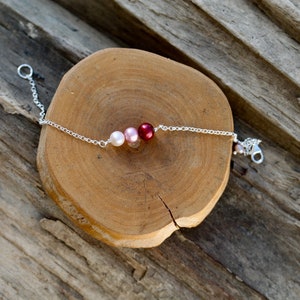 Sterling Silver bracelet with Red, Pink & Peach Freshwater Pearl, gemstone, bar, delicate, bridesmaid, Christmas, wedding, Valentines, love image 7