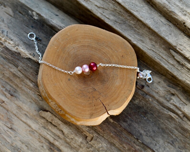 Sterling Silver bracelet with Red, Pink & Peach Freshwater Pearl, gemstone, bar, delicate, bridesmaid, Christmas, wedding, Valentines, love image 7