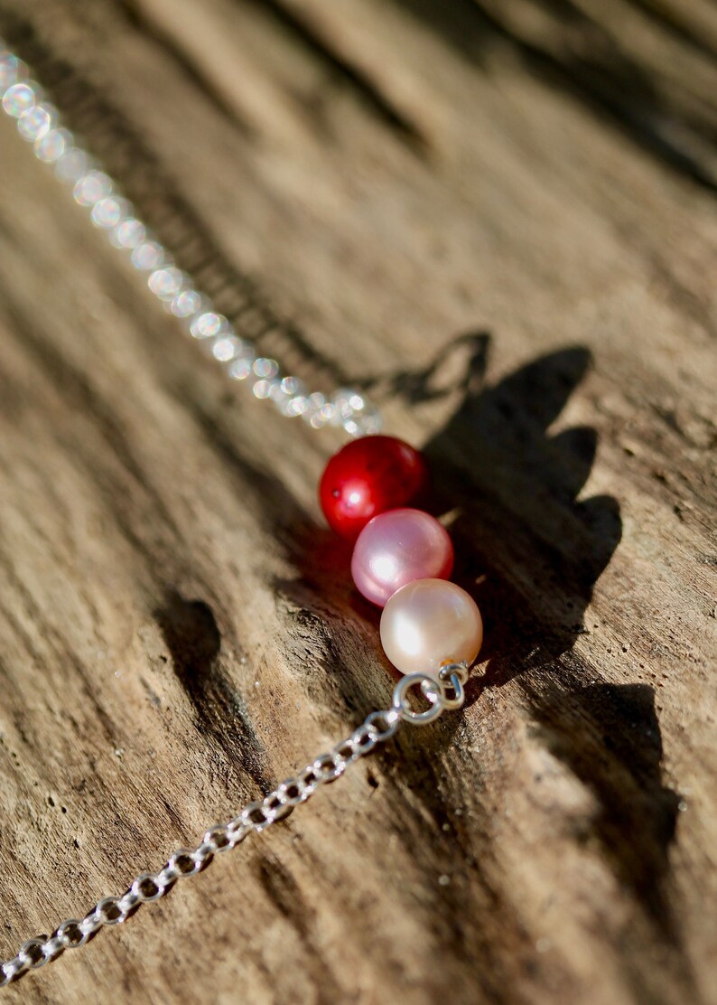 Sterling Silver bracelet with Red, Pink & Peach Freshwater Pearl, gemstone, bar, delicate, bridesmaid, Christmas, wedding, Valentines, love image 9