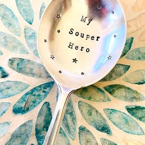 Vintage stamped spoon - My Super Hero, hand stamped, gift under 15, letterbox gift, silver plated spoon, quote spoon, birthday, loved one