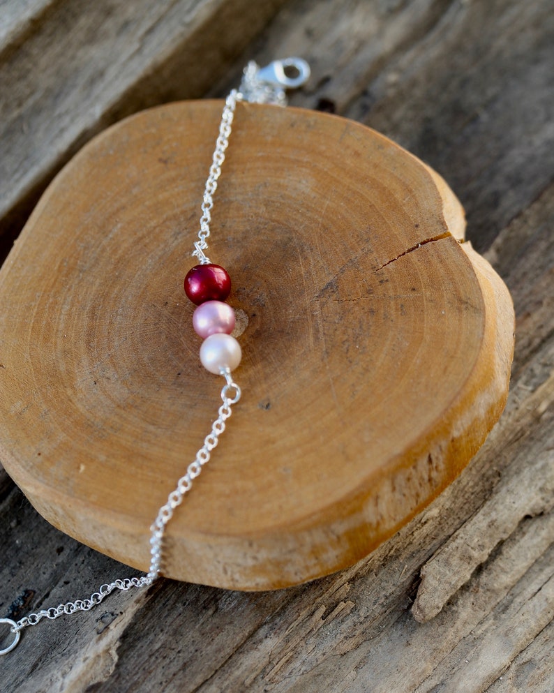 Sterling Silver bracelet with Red, Pink & Peach Freshwater Pearl, gemstone, bar, delicate, bridesmaid, Christmas, wedding, Valentines, love image 5