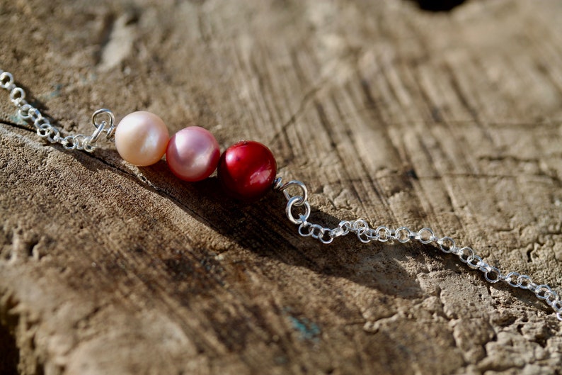 Sterling Silver bracelet with Red, Pink & Peach Freshwater Pearl, gemstone, bar, delicate, bridesmaid, Christmas, wedding, Valentines, love image 8