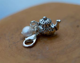 Clip on charm - 3D Teapot with Cream Freshwater Pearl drop detail by Twinkle Jewellery, zipper, purse, charm bracelet, planner, journal