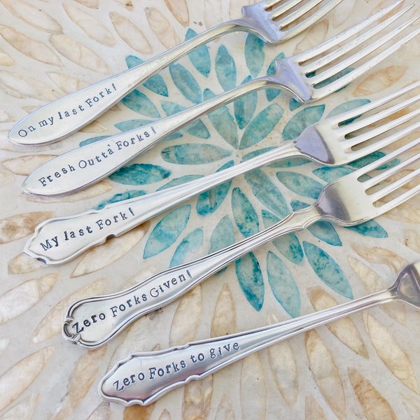 Vintage stamped fork - Zero Forks Given!, hand stamped, gift under 10, ready to ship, letterbox gift, eco friendly, funny quote fork, humor