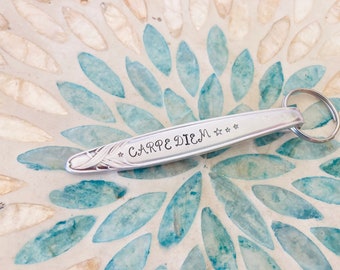 Vintage spoon handle keyring - CARPE DIEM, hand stamped, gift under 10, ready to ship, positive quote, made ion the Cotswolds, letterbox