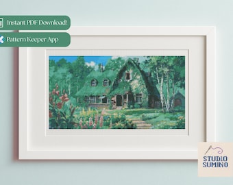 May include: A framed cross-stitch pattern of a cottage covered in greenery, with a thatched roof and a garden filled with flowers. The image is in a white frame, with text that reads "Instant PDF Download!" and "Pattern Keeper App."