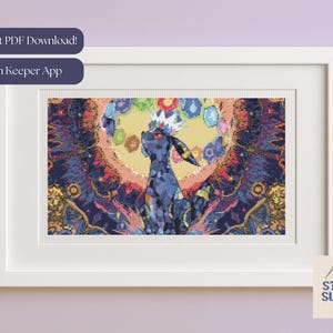 Peut inclure: Image d'une broderie au point de croix encadrée, représentant une créature bleu foncé stylisée avec une couronne blanche et colorée, sur un fond détaillé. L'œuvre est encadrée dans un cadre rectangulaire blanc. Le texte "Instant PDF Download!" et "Pattern Keeper App" est inclus.