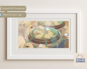 May include: Framed cross-stitch art featuring a scene with yellow ducklings in a bowl. The artwork is in a white frame. Text on the frame reads "Instant PDF Download!" and "Pattern Keeper App". The Studio Sumino logo is in the bottom right corner.