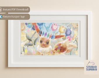 May include: A framed cross-stitch featuring a cartoon character with large eyes, surrounded by colorful floral elements. The artwork is in a white frame. Text on the frame reads "Instant PDF Download!" and "Pattern Keeper App."