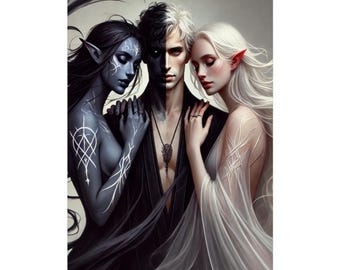 May include: An artistic print featuring three figures: a central person with black and white hair, flanked by two elven figures. The elven figures have dark and white skin, with intricate body art. The central figure wears a pendant.