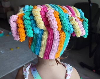 Rainbow Stripe Curly Beanie – Colorful Cotton Crochet Hat for Kids