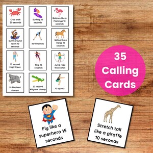 May include: A set of 35 exercise calling cards with illustrations and instructions. The cards feature various exercises like crab walk, surfing, and high knees. A pink circle with the text "35 Calling Cards" is also present.