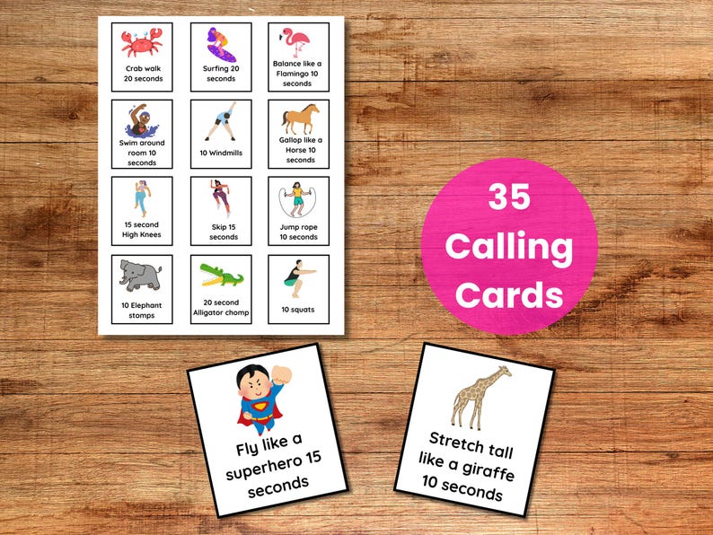 May include: A set of 35 exercise calling cards with illustrations and instructions. The cards feature various exercises like crab walk, surfing, and high knees. A pink circle with the text "35 Calling Cards" is also present.