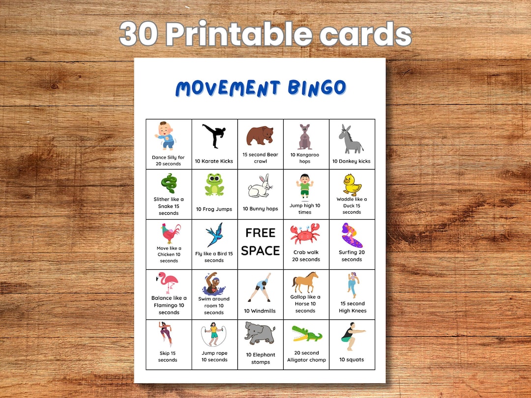 Movement Bingo, Printable Bingo Game, Kids' Exercise Bingo, Printable ...