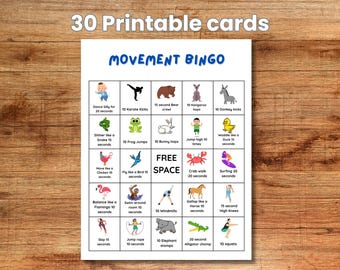 Movement Bingo, Printable Bingo Game, Kids' Exercise Bingo, Printable Indoor Recess and Classroom Game