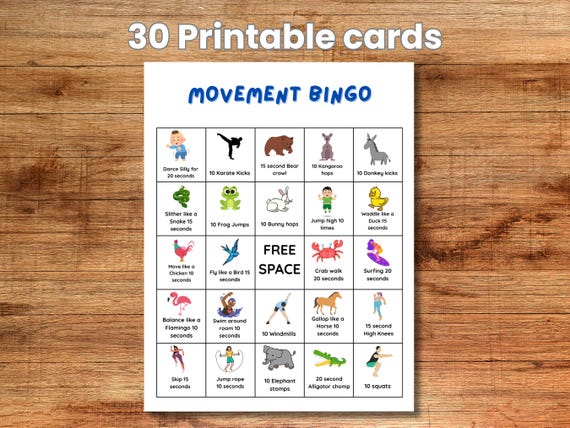 Movement Bingo, Printable Bingo Game, Kids' Exercise Bingo, Printable Indoor Recess and Classroom Game