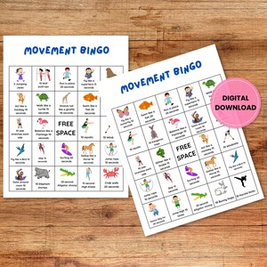 May include: Two white Movement Bingo cards with colorful illustrations of various exercises, such as jumping jacks and squats, on a wooden surface. The text "Movement Bingo" is at the top of each card. One card has a pink "Digital Download" sticker.