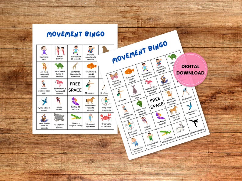May include: Two white Movement Bingo cards with colorful illustrations of various exercises, such as jumping jacks and squats, on a wooden surface. The text "Movement Bingo" is at the top of each card. One card has a pink "Digital Download" sticker.