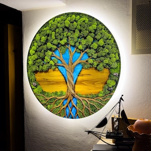 Tree of Life Epoxy Moss wall sign, wall decor, wall light, wall art, livingroom decoration, bedroom light, Nature wall decor, Moss tree