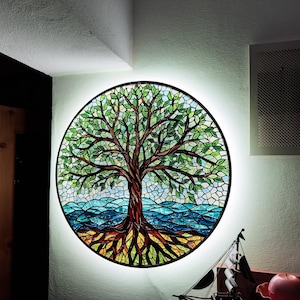 Levensboom Glasmozaïek wandbord, wanddecor, wandlamp, kunst aan de muur, woonkamerdecoratie, slaapkamerlicht, natuurwanddecor, glazen boom