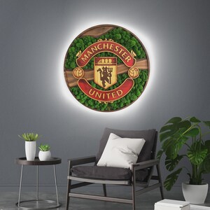 Manchester United Moss stylized wall sign, decor, Fan gift, LED lights, Logo crest Custom football logo, soccer fan gift,
