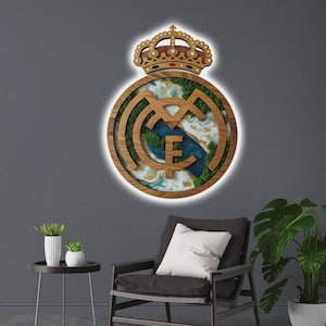 Real Madrid CF Marble edition wall sign, decor, RM Fan gift, LED lights, Real Logo crest, Custom football logo, soccer fan