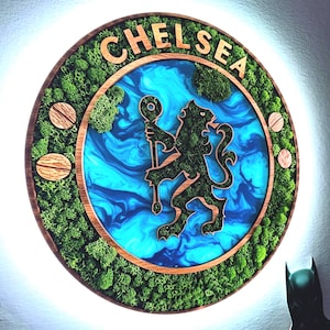 Letrero de pared estilizado de Chelsea FC Moss, decoración, regalo para fanáticos, luces LED, escudo del logotipo, logotipo de fútbol personalizado, regalo para fanáticos del fútbol,
