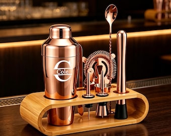 Personalized Cocktail Shaker Set with Bamboo Stand, Custom Engraved Bartender Kit, Home Bar Tools Set, Groomsmen Housewarming Gift for Him