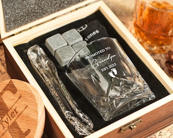 Promoted to Grandpa Whiskey Glass Set - Personalized New Grandpa Gift for Pregnancy Announcement