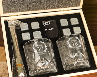 30th birthday Whiskey glass set with wooden box, 30th birthday gift, Personalised Birthday glass for him,  30th birthday for friend,husband